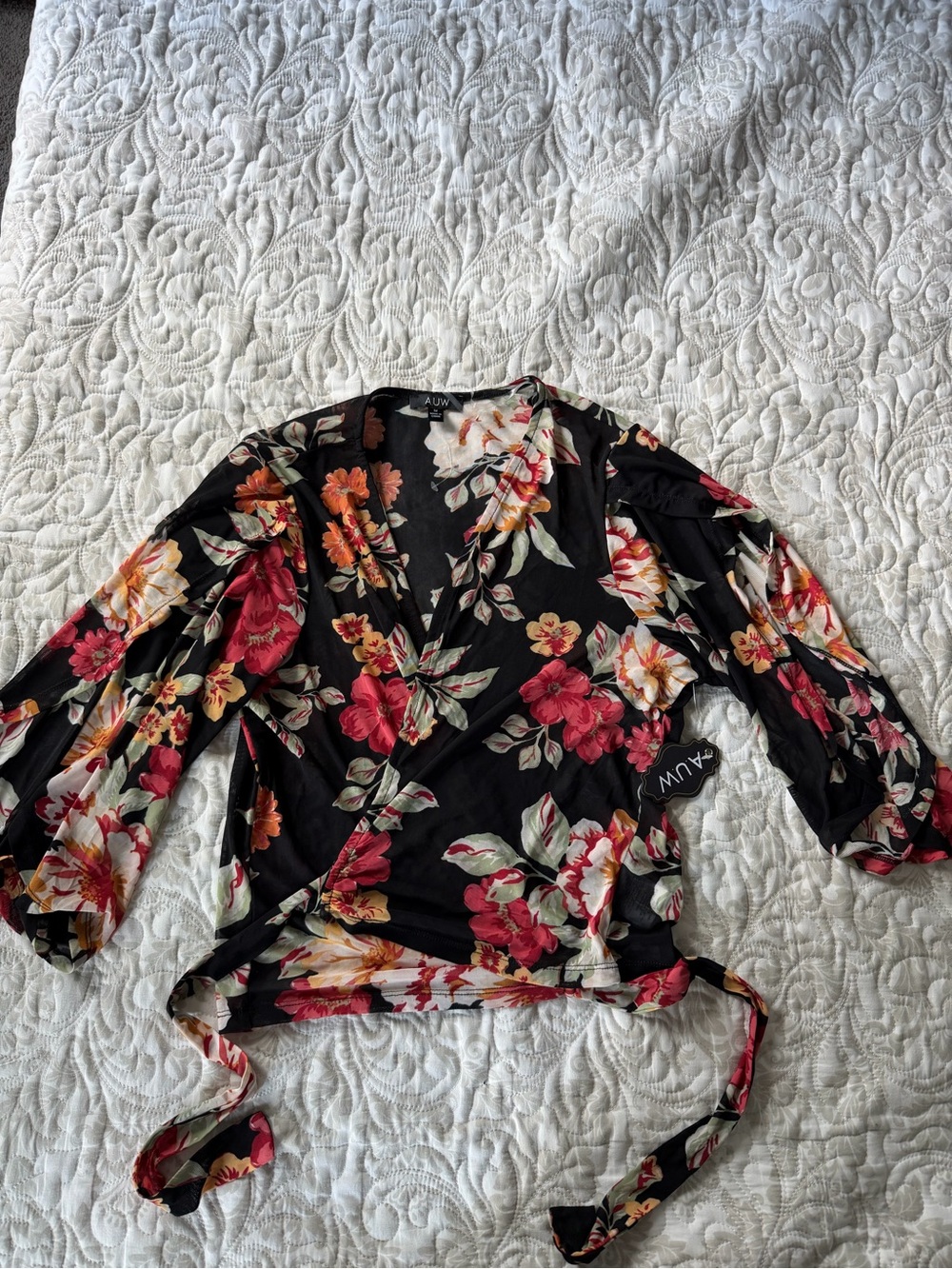AUW Black Floral Wrap Blouse with Red & Cream Flowers